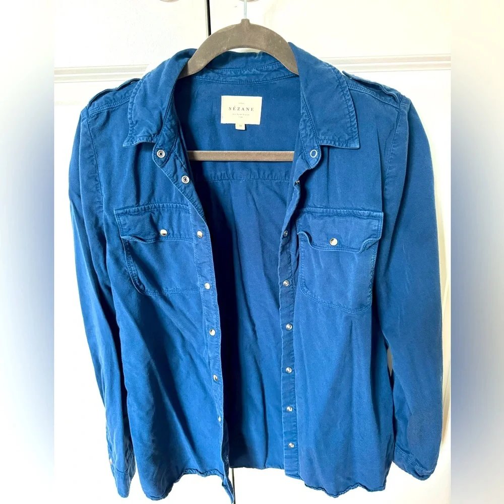 Sezane Davania Blue Snaps Button Down Shirt Size 4 - Picture 2 of 8